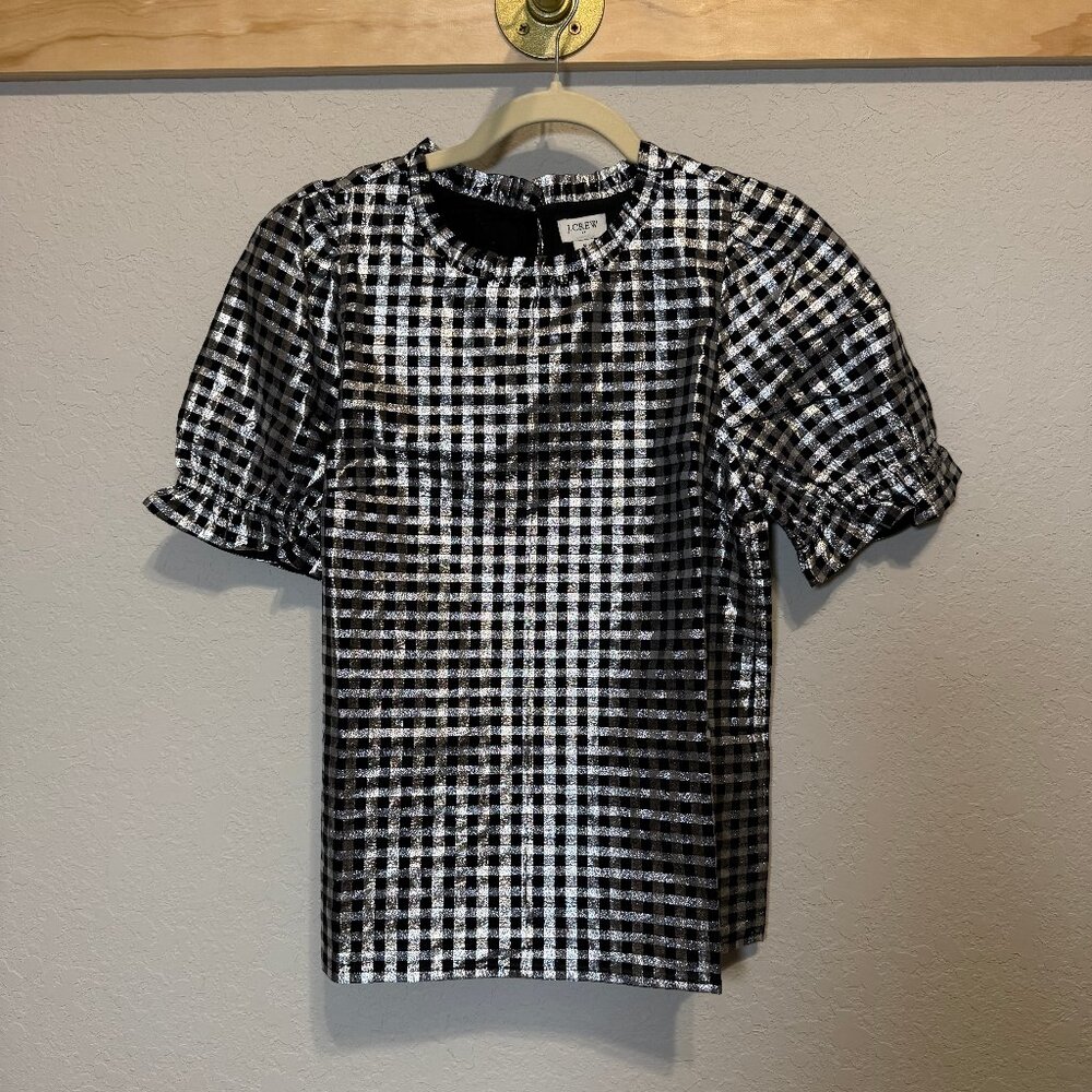 Women's‎ J. Crew Black and Silver Check Metallic Short Sleeve Shirt Size S NEW